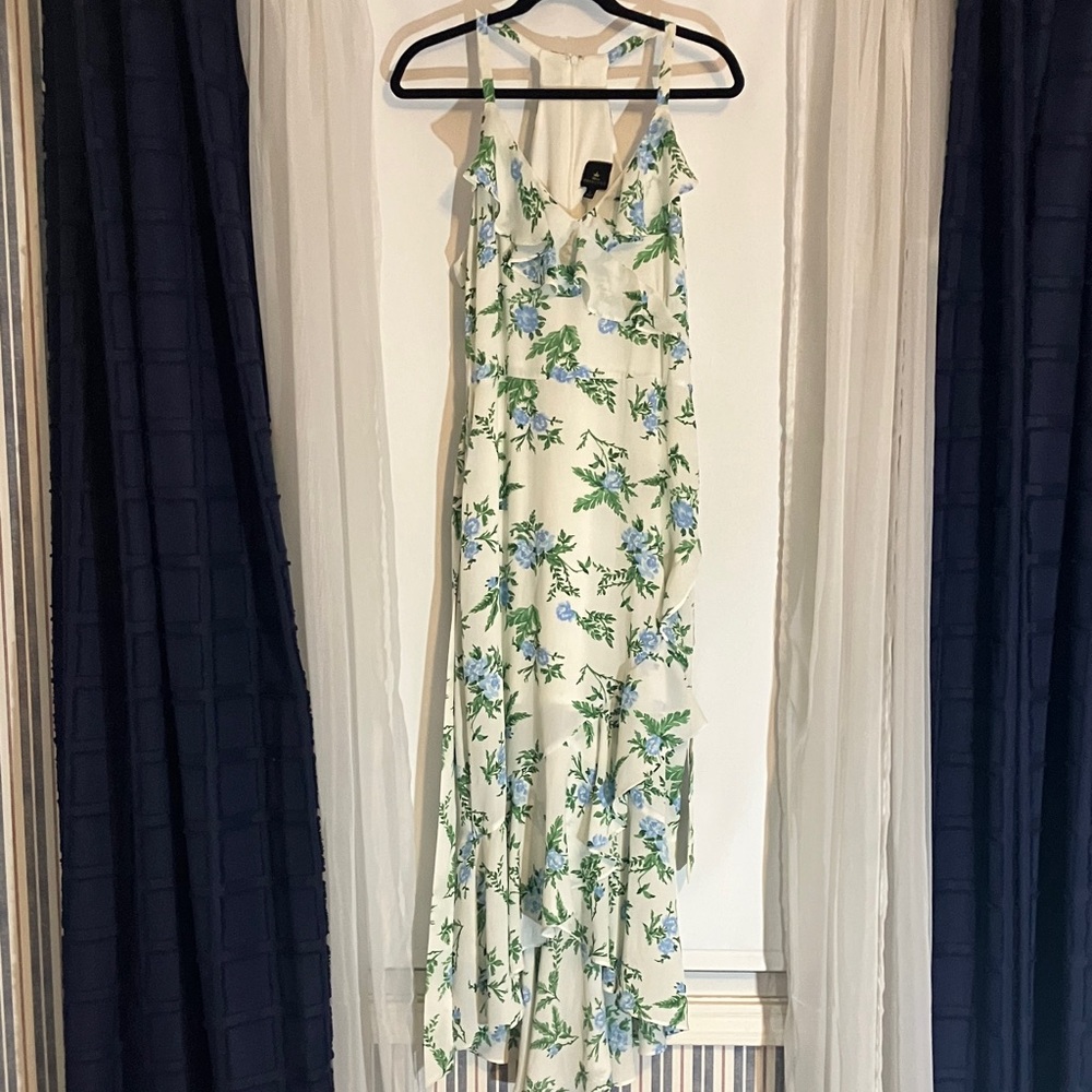 DISNEY PRINCESS White Floral Flowy Maxi Dress Blue Green HiLo Medium Juniors